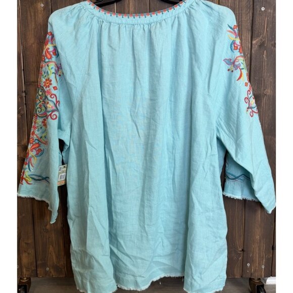 John Mark Tunic Top Turquoise Linen Embroidered Nwt Tassel 3/4 Sleeve 2X - Picture 12 of 13
